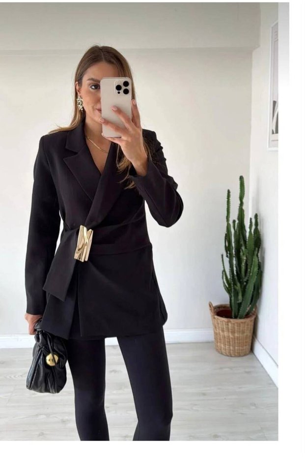 Women's Black Blazer Jacket with Side-Tie Accessory Detail