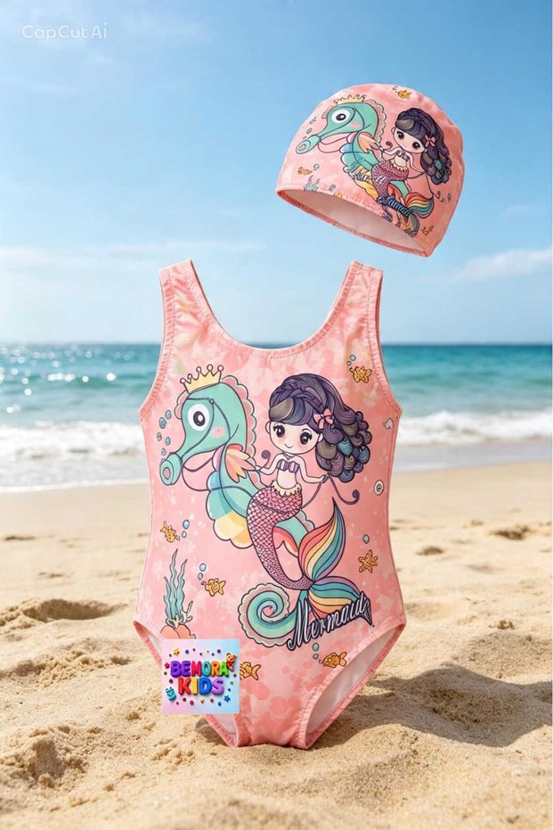 Mermaid Swimsuit Bikini + Mermaid Cap 2-Piece Set Beach Wear Girl Children's Swimsuit Bikini