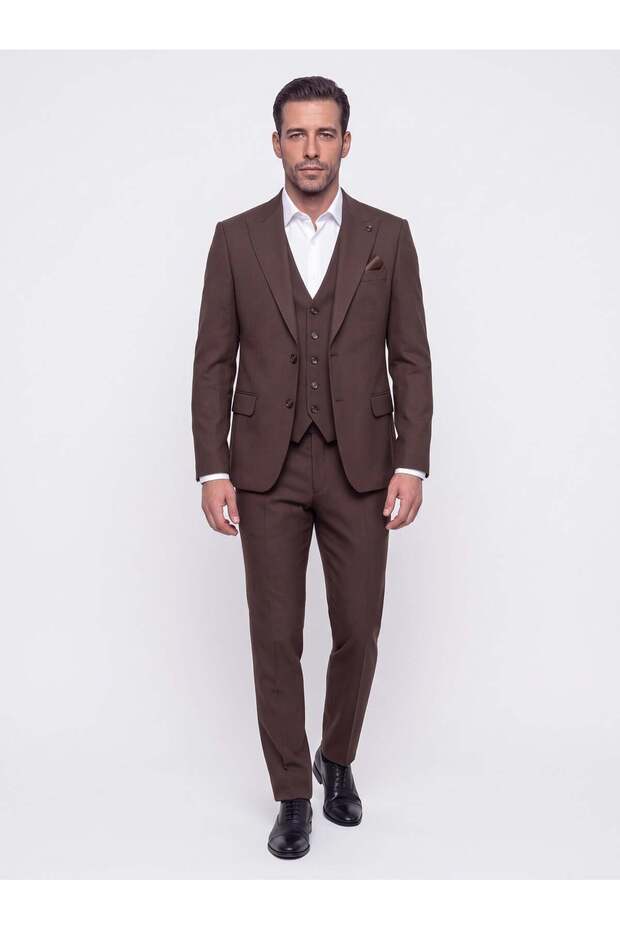 Dark Brown Regular-Fit 6-Drop Pointed-Collar Men’s Vest Set Suit