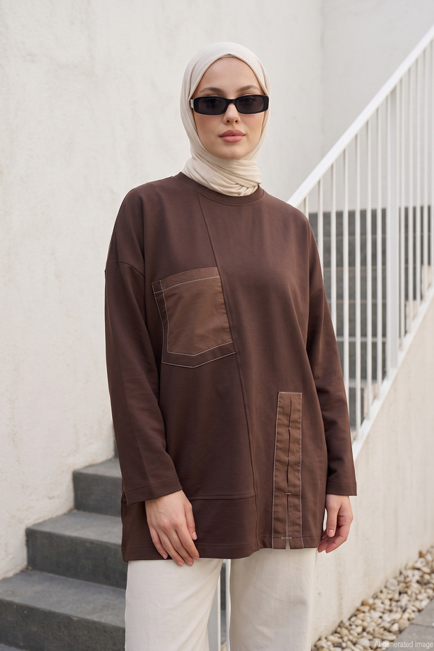 Cotton Sweatshirt Tunic with Pocket Detail and Ruched Detail 6709 Brown