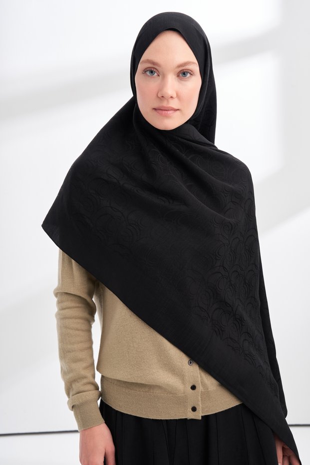 LIORA PATTERNED FLOOR-LENGTH COTTON SCARF - BLACK