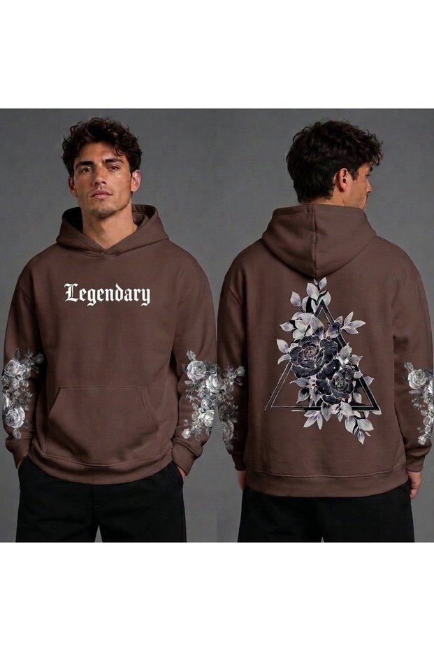 Brown Hooded Sweatshirt with Legendary Floral Print
