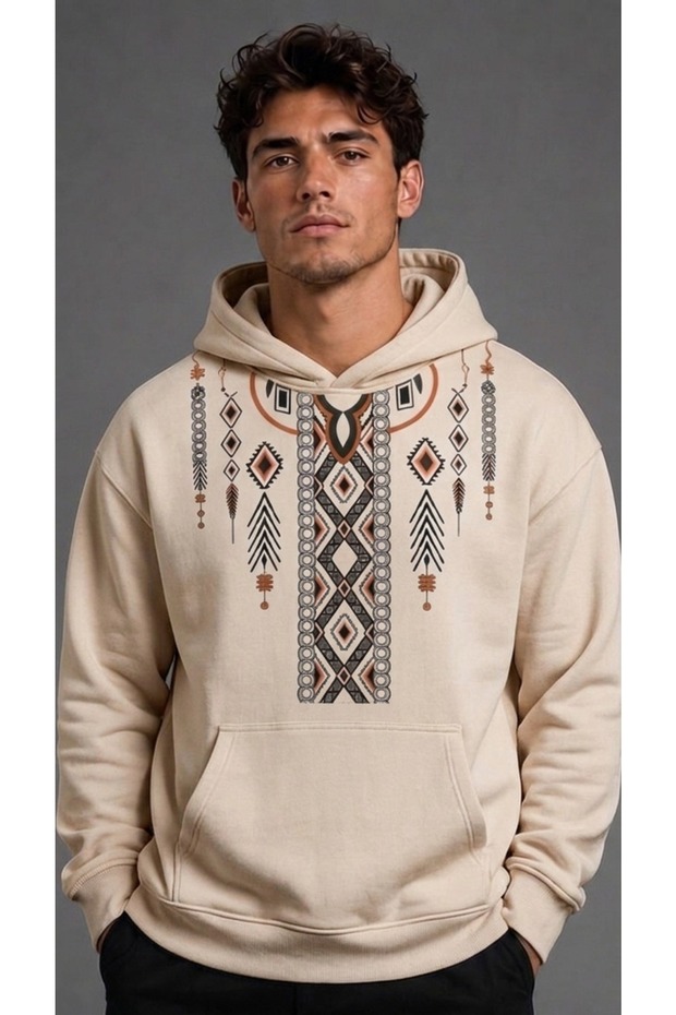 Beige Hooded Sweatshirt with Ethnic Pattern, Oversized, Unisex
