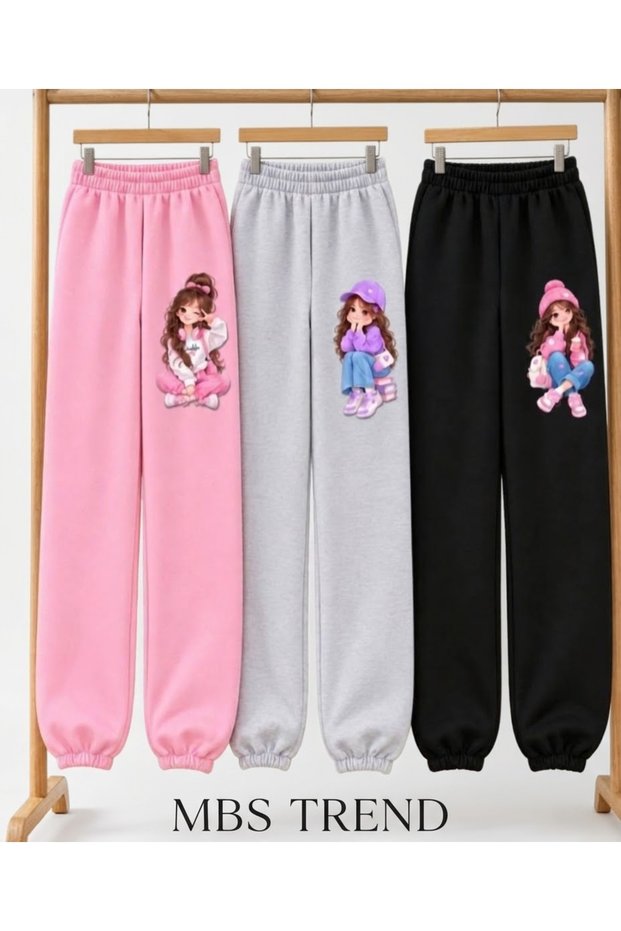Winter Girls' Cute Unprinted Cotton Sweatpants with Elasticated Hem and No Pockets