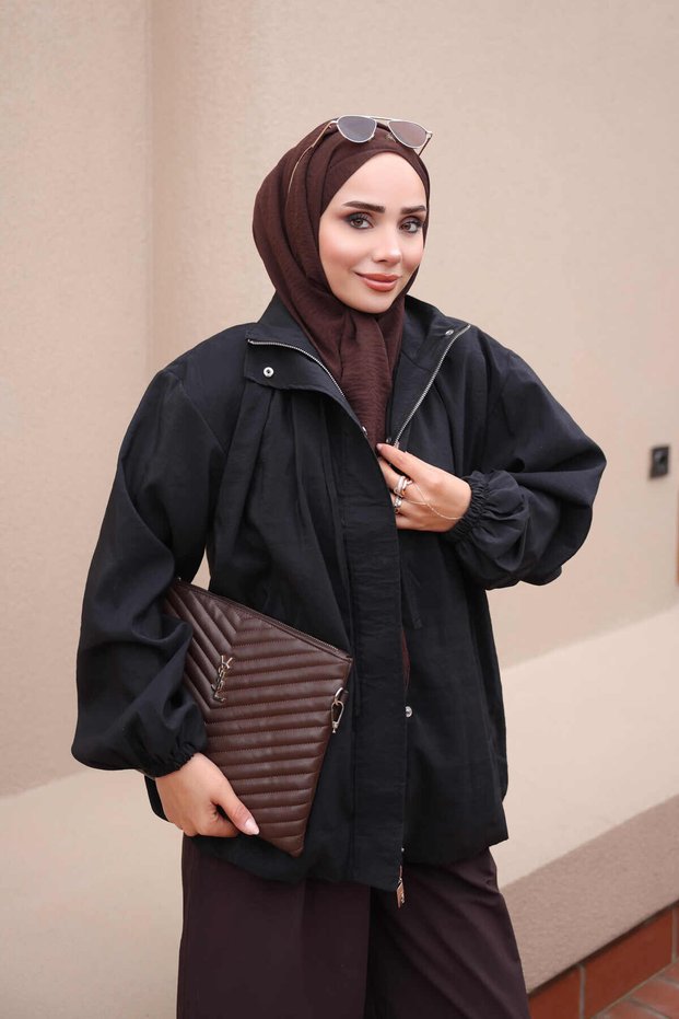 Black Stand-Up Collar Zipper Jacket