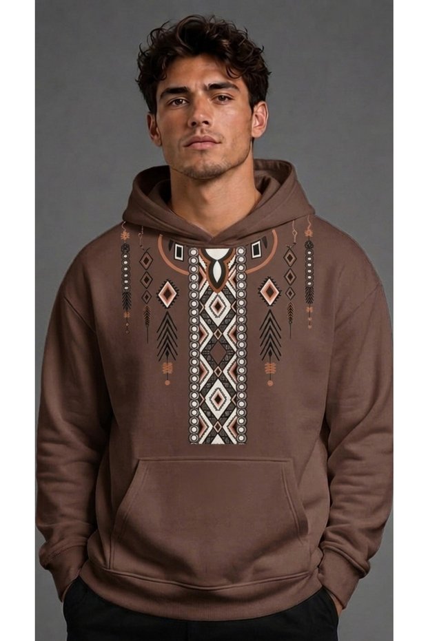 Brown Hooded Sweatshirt with Ethnic Pattern, Oversized