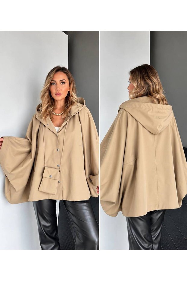 Women's Beige Oversized Hooded Trench Coat with Bag Accents