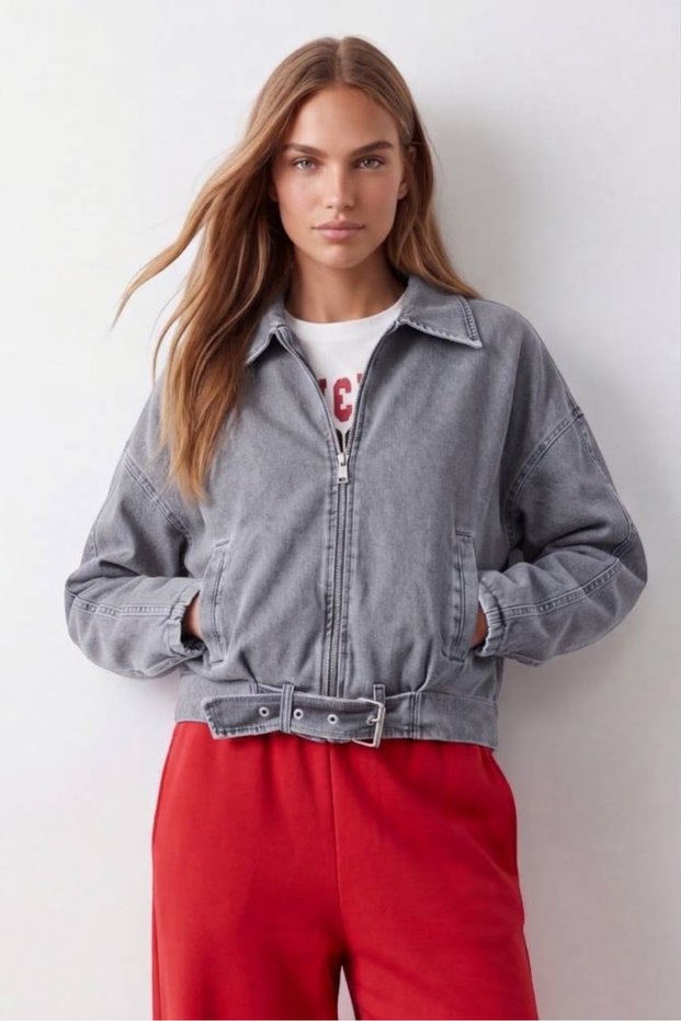 Women's Belt Detail Denim Jacket – Denim Jacket with Oversized Zippers Navy Blue