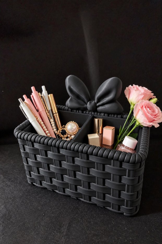 Belted Knitted Patterned Compartmentalized Makeup and Desk Organizer