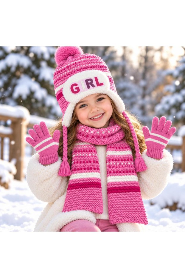 Girls' Winter Hat, Scarf, and Gloves 3-Piece Set with Ears and Pom-Poms, Kids' Hat, Scarf, and Gloves Set, Ages 3–7