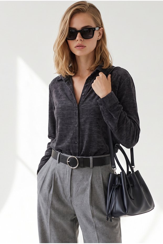 Women's Charcoal Grey Mottled Thick Velvet Shirt GML-19001465