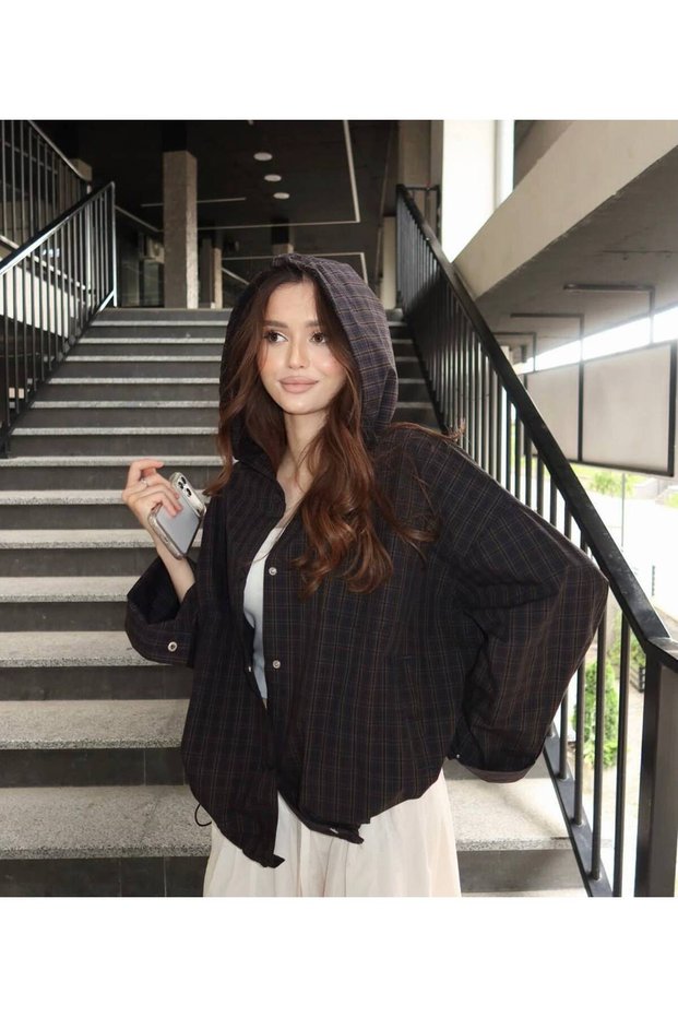 Women's Black Checked Hooded Parachute Jacket with Pockets