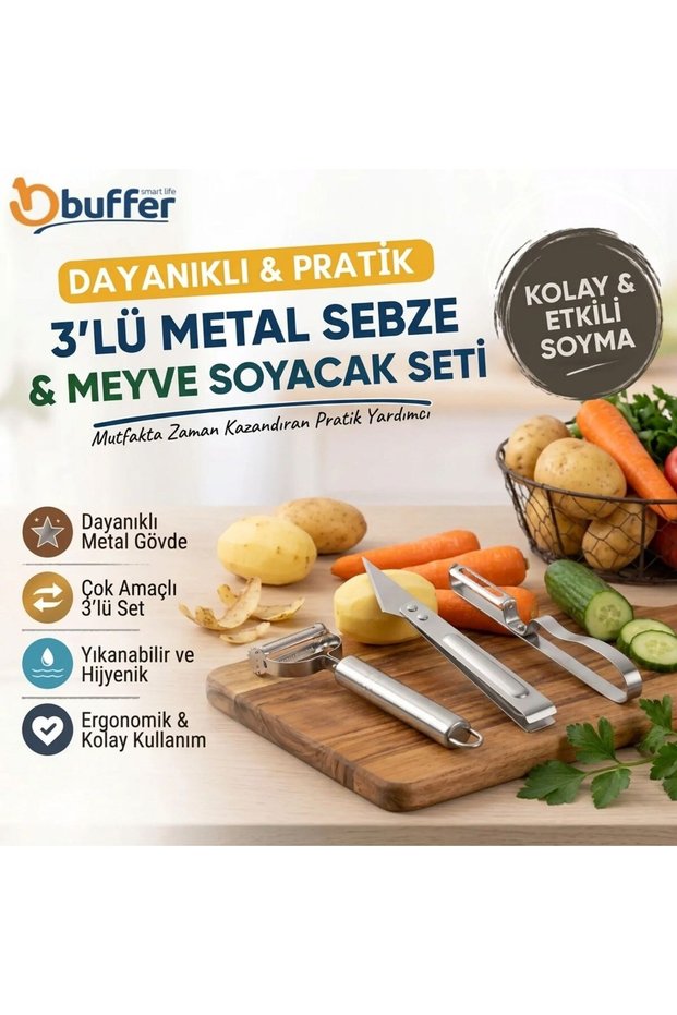 Çetiner Group® 3-Piece Metal Vegetable and Fruit Peeler Set, Potato and Carrot Peelers, Kitchen Utensils