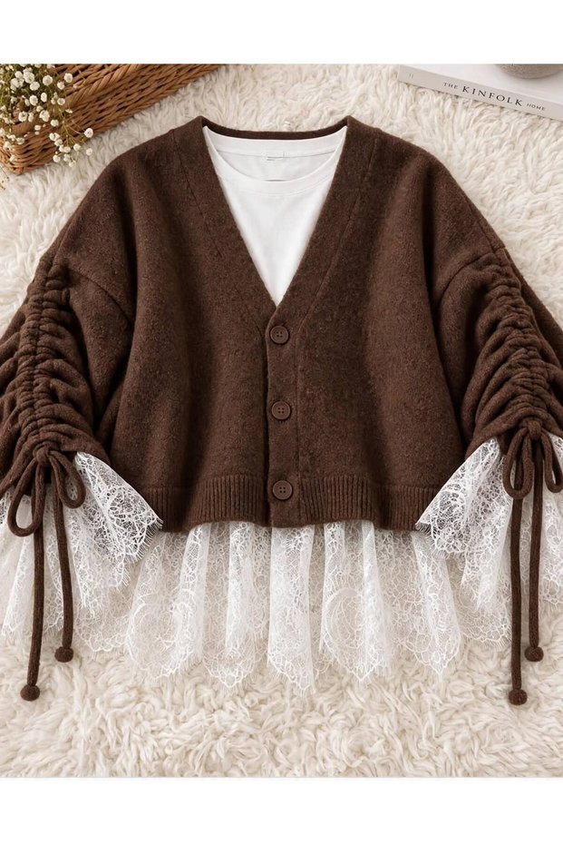 WOMEN'S PREMIUM LACE Ruched Detail Sleeve Knit Cardigan