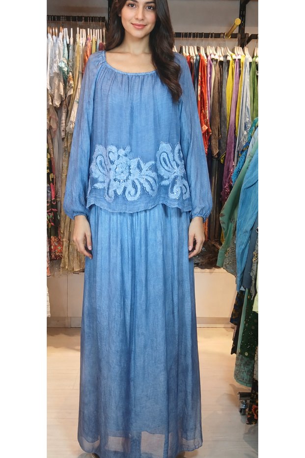 Silk Dress with Ethnic Patterned Woven Fabric on the Front, Lined, Standard Size