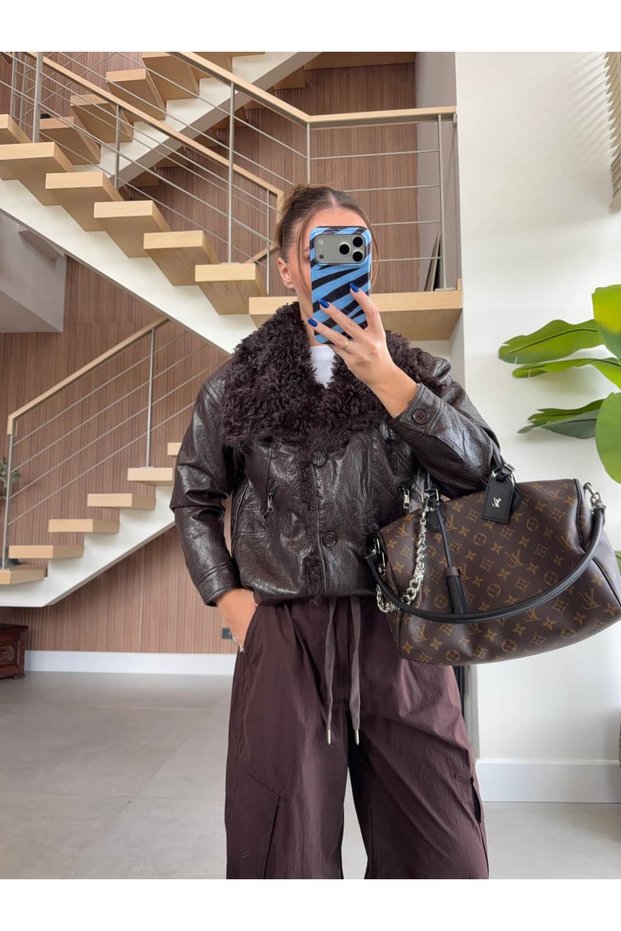 Fur-Trimmed Double-Breasted Leather Jacket