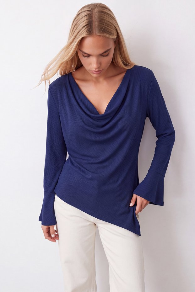Women's navy blue open-neck asymmetrical cut knit blouse alc-x16037