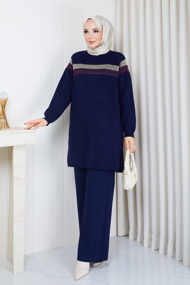 Women's Navy Blue Knit Modest Tunic with Glittery Striped Detail and a Crew Neck and Slit