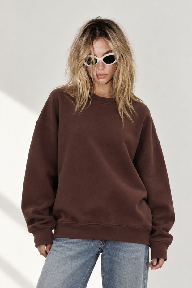 Women's Oversized Sweatshirt BASIC Brown – Crew Neck, 3-Ply Brushed Fleece, Drop-Shoulder Design