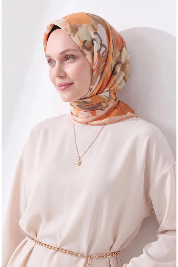 Soft Scarf with Abstract Patterned Design in Camel and Salmon Pink