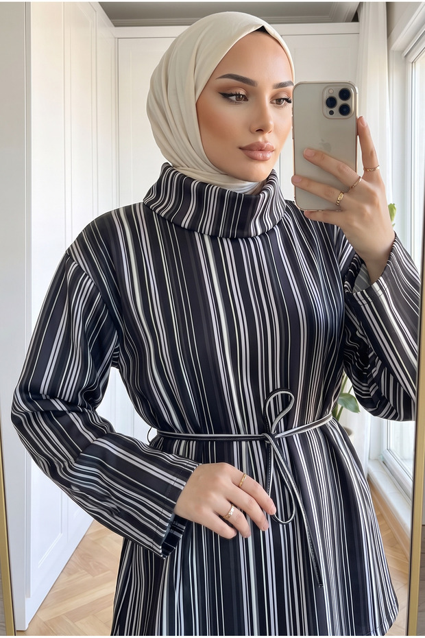 Women's scuba fabric turtleneck mock neck checkered belted modest tunic, 67 cm