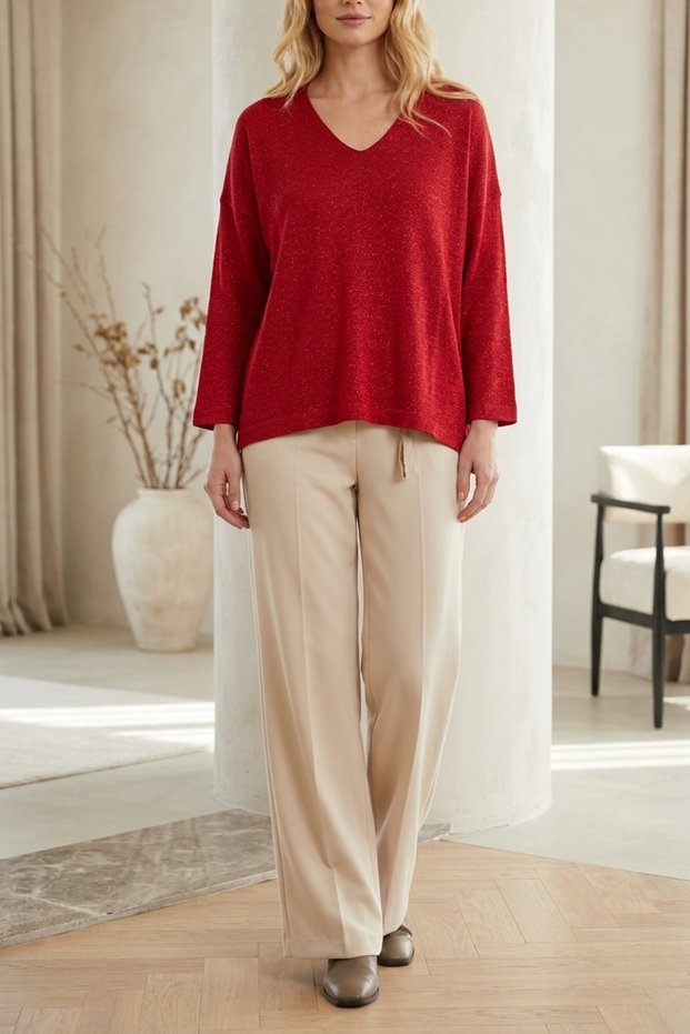 Glittery V-Neck Long-Sleeve Loose-Fit Basic Knit Sweater