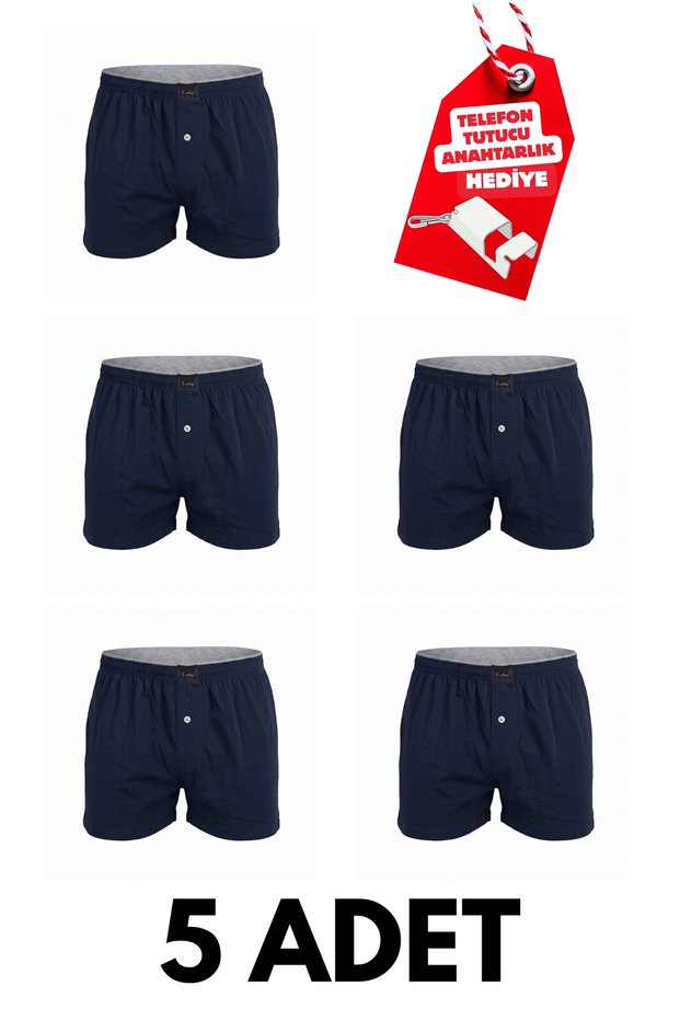 Set of 5 Plain Cotton Jersey Men's Boxer Shorts with Buttons + Free Phone Holder Keychain