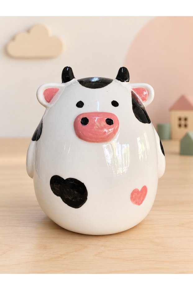 Handmade Ceramic Cow Piggy Bank - Black & Pink