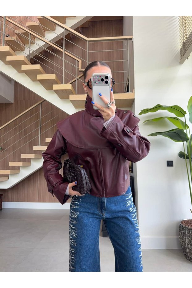 Leather Jacket with a Mock Neck and Shawl Detail