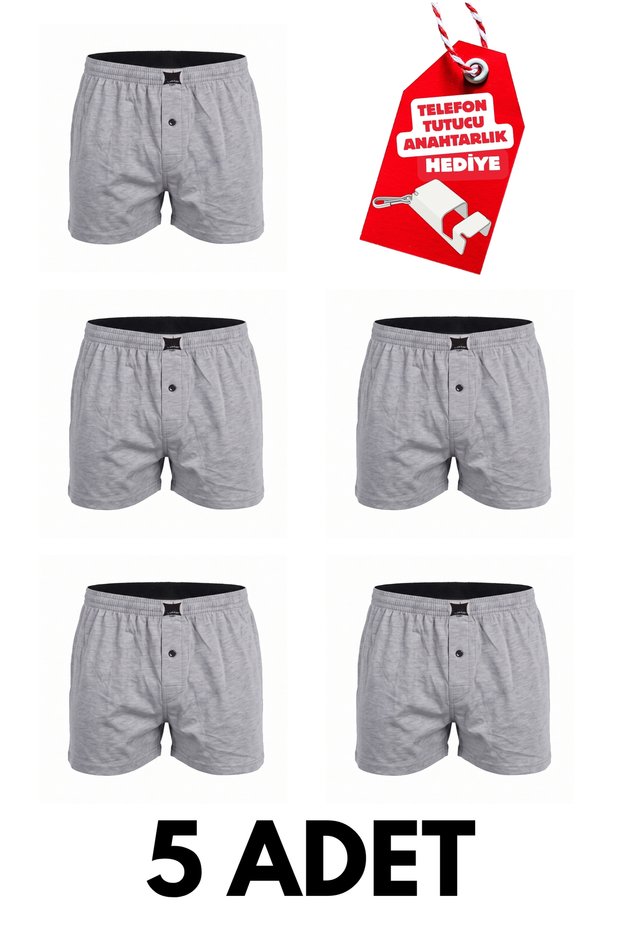 Set of 5 Plain Cotton Jersey Men's Boxer Shorts with Buttons + Free Phone Holder Keychain