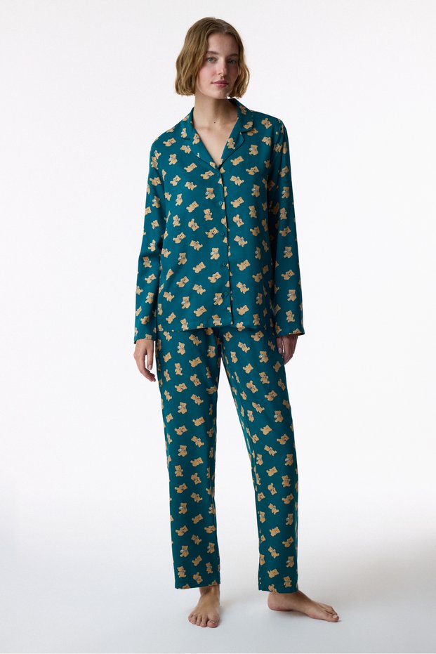 Green Happy Bear Long-Sleeved Button-Down Shirt and Pants Pajama Set