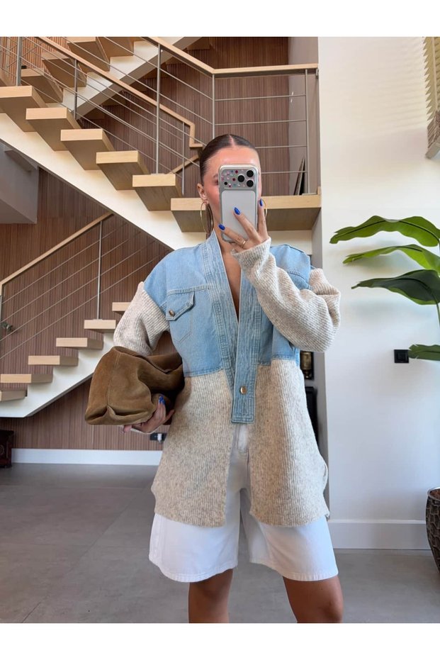 OVERSIZED DENIM JACKET WITH KNIT TRIM