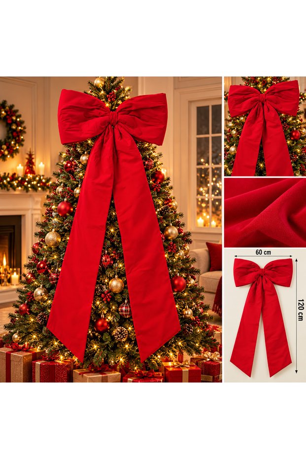 Large Long-Tailed Red New Year's Bow Detail—Christmas Tree, Door, and Display Case Decoration—120 cm