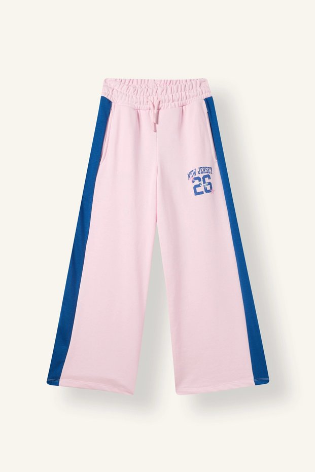 I7533A8PN633 Girls' Wide Leg Sweatpants with Pink Side Stripes and College Print
