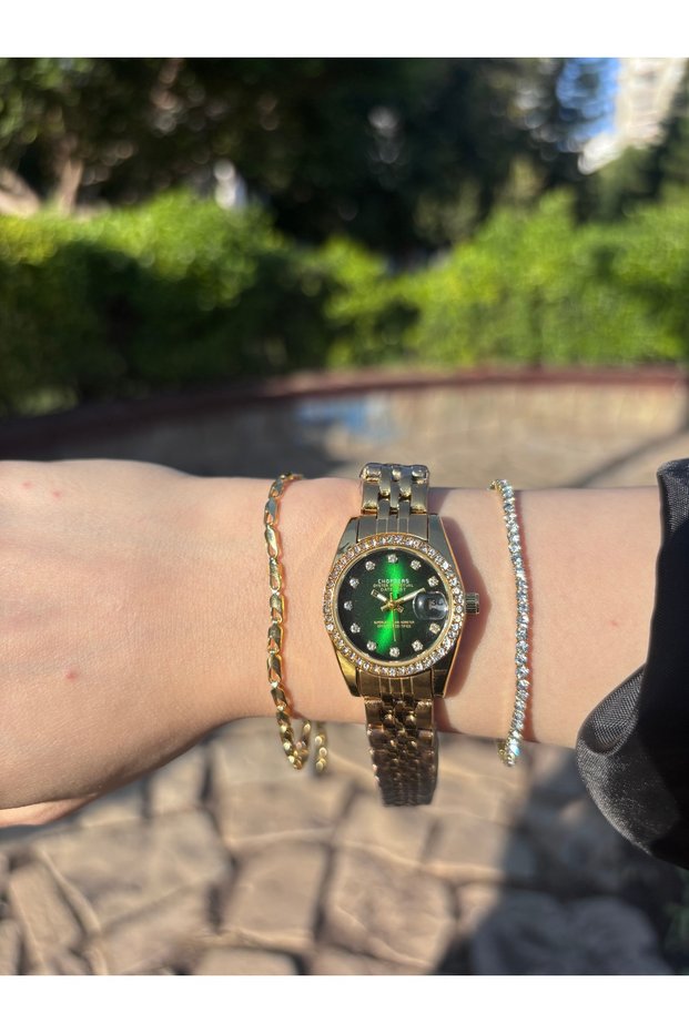 Gold-Tone Women's Wristwatch with an Emerald Green Dial, Stone Embellishments, and Calendar – Comes with 2 Free Bracelets