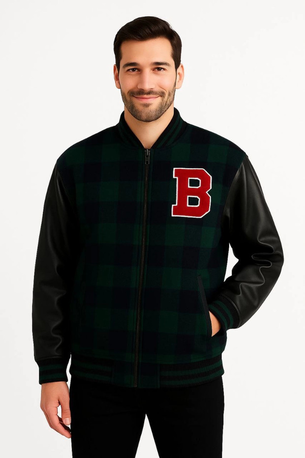 Men's college jacket with checkered pattern, faux leather lumberjack sleeves, zipper closure, and quilted lining - khaki