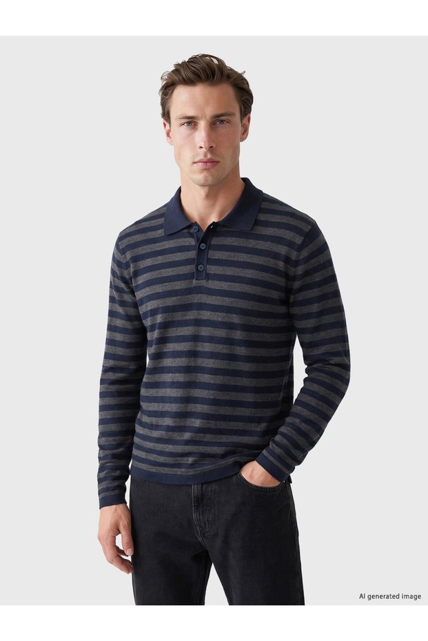 Men's Knitwear Sweater with Turn-Down Roba Collar and Stripes from Uzg Store for Style Enthusiasts