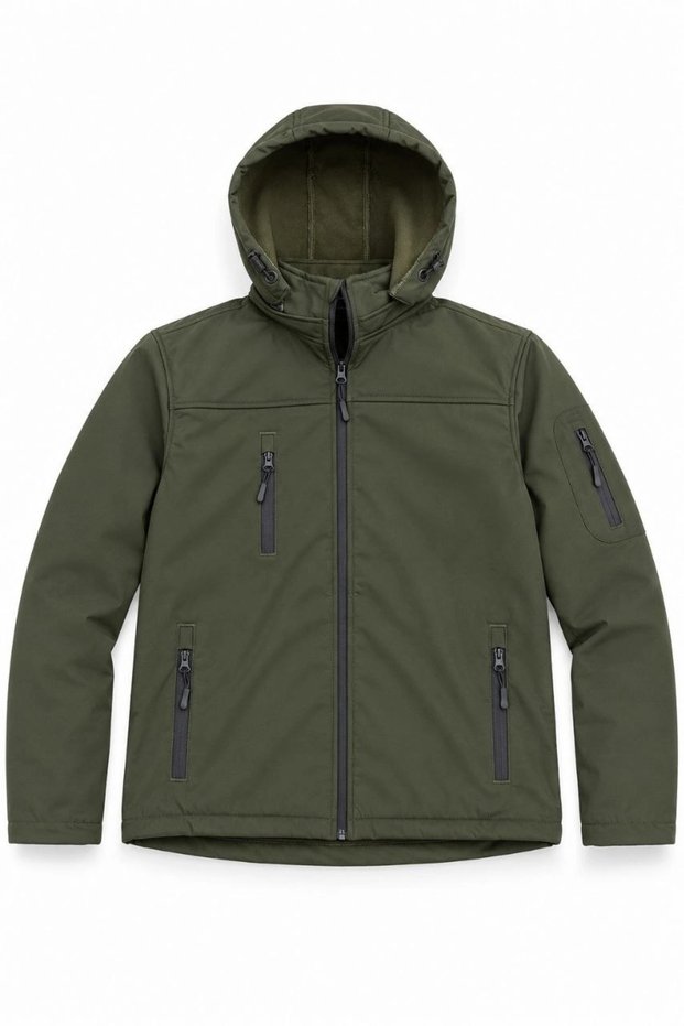 Men's Waterproof Jacket with Fleece Lining and Detachable Hood - Khaki