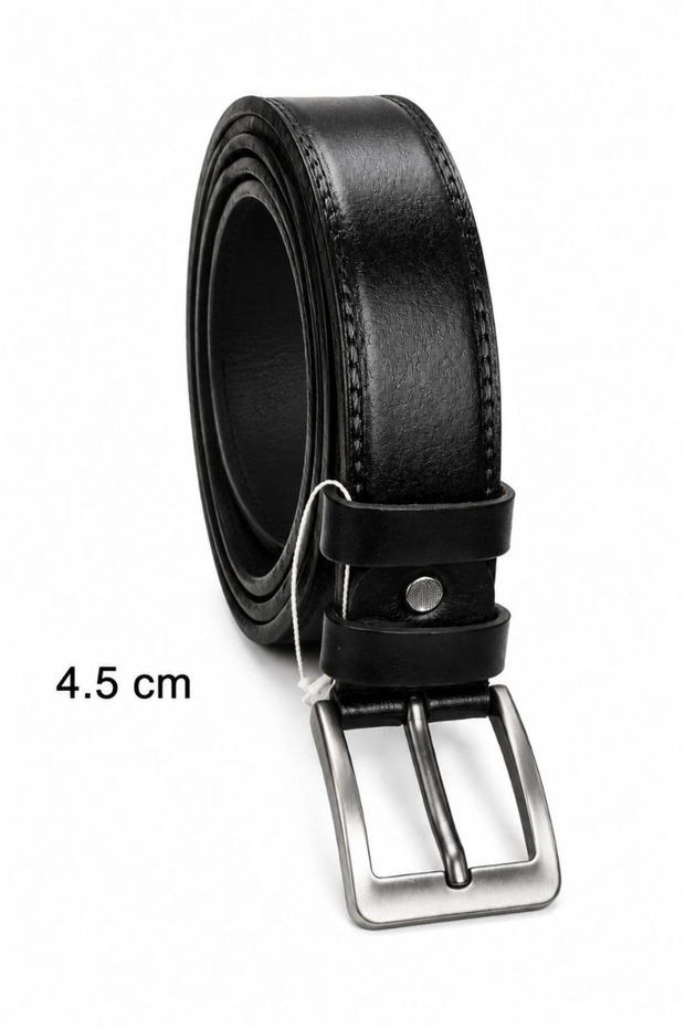 Men's genuine leather 4.5 cm classic and denim belt with metal buckle - black