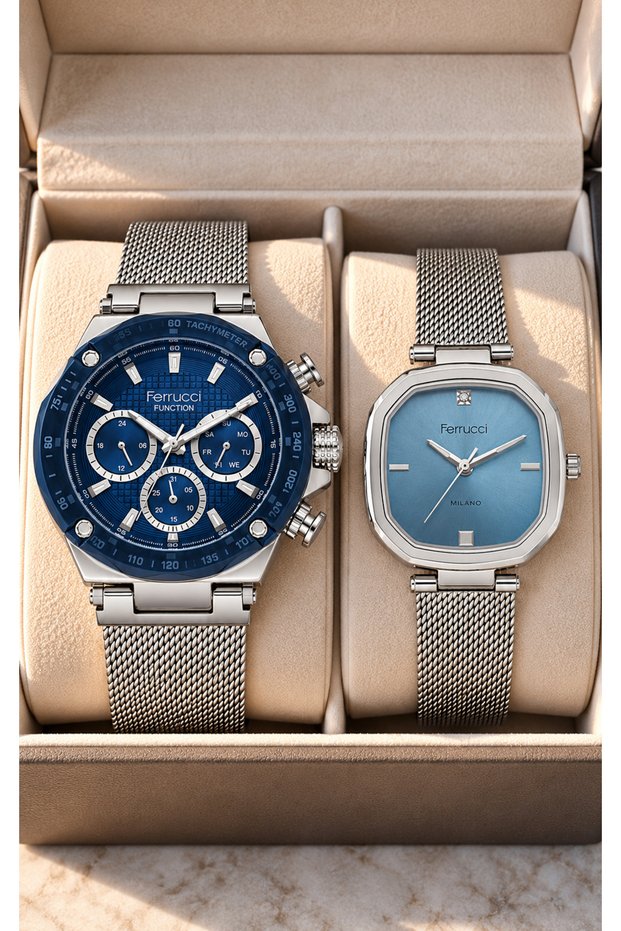 NAVY BLUE DIAL, SILVER WOVEN STEEL STRAP, COUPLE'S WATCHES + BRACELET