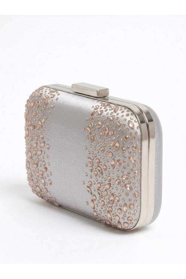 Silver Satin Clutch Bag with Chain Strap and Stones for Weddings and Engagement Parties