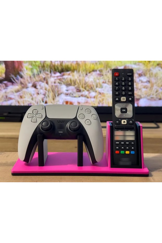 3D-Printed Game Controller and TV Remote Stand: Dual-Compartment Desktop Controller Holder Organizer - Pink BZELD