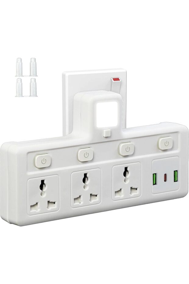 SKY-TOUCH Multi Plug Extension Socket with Night Light, 3 Way Wall Power Adapter, Electrical Outlet Extender 2 USB & 1Type-C, Universal Plug Adapter for Home, Office, Kitchen