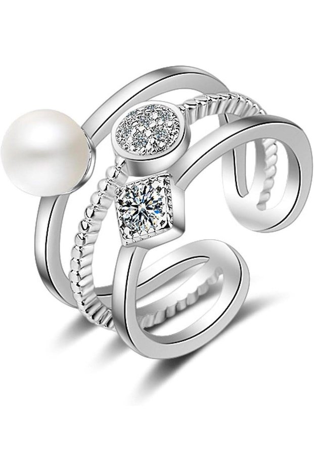 925 Sterling Silver Pearl Ring, Adjustable Size Open Ring