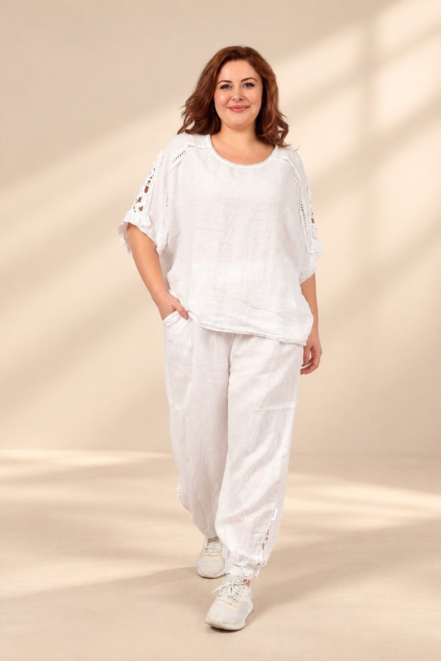 Women's Wide Collar Half Sleeve Blouse Elastic Waist Pocketed Lace Trousers Lace Detailed Italian Large