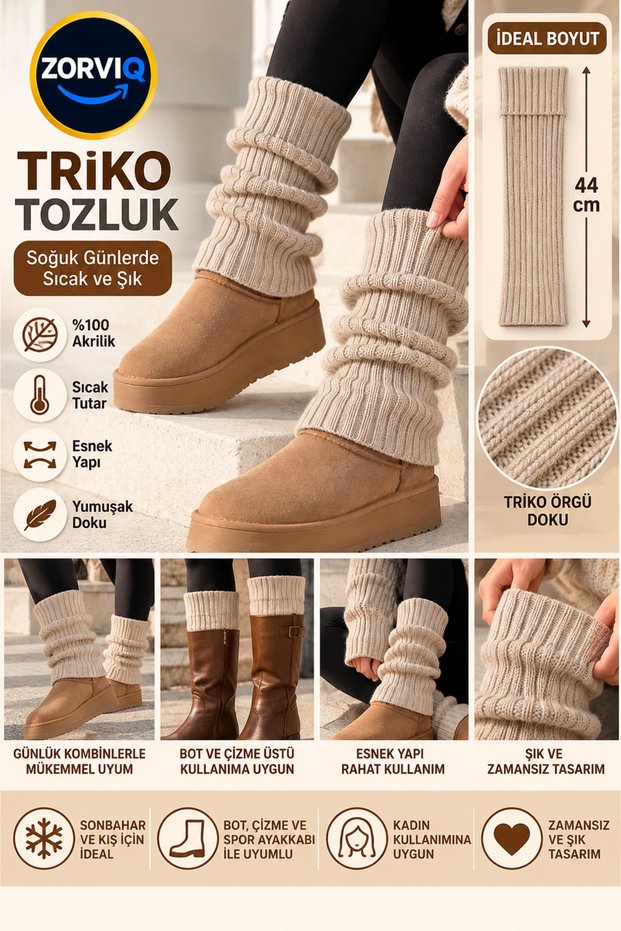 Women's Stone-Colored Knit Leg Warmers, 44 cm, 100% Acrylic, Winter Leg Warmers, Socks to Wear Over Boots and Shoes
