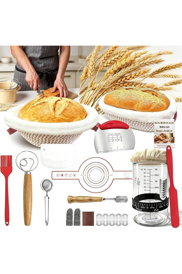 Sourdough Starter Kit with 2 Proofing Baskets & Starter Jar for Beginners
