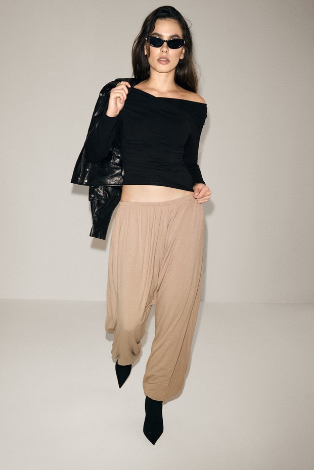 EIRANA Women's Elastic-Waist Shalwar-Style Taupe Color Pants