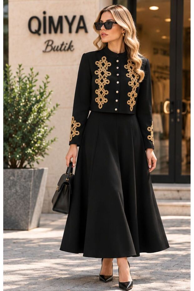 BUKETLİ Women's Modal Jersey Jacket Dress Set with Padded Shoulders and Yellow Cord Embroidery on the Front
