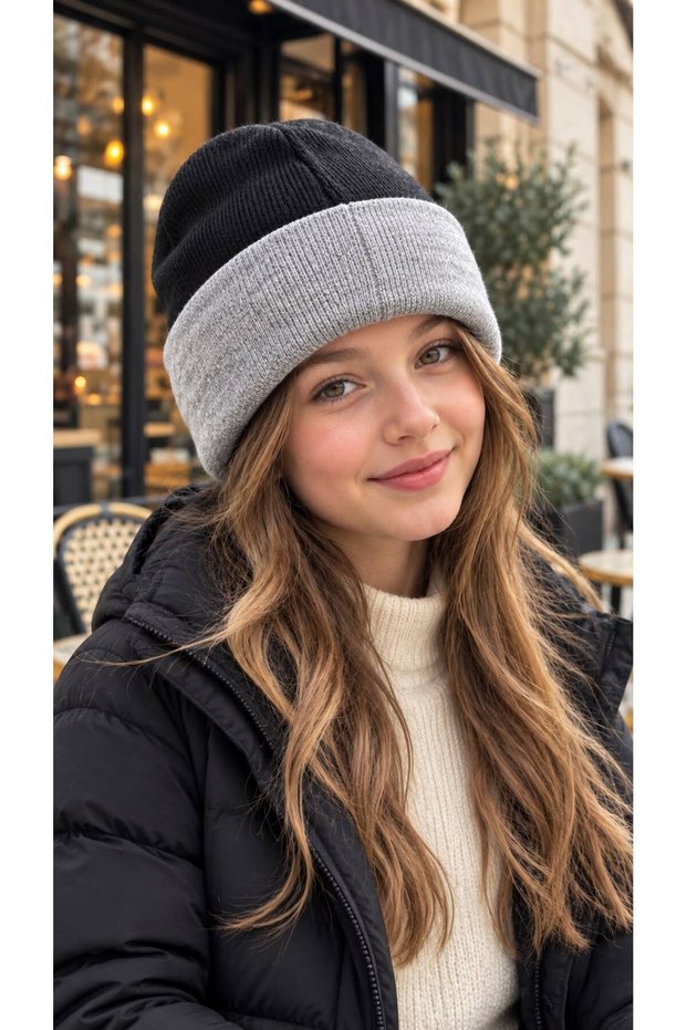 Black and Gray Two-Tone Double-Layer Knit Girls' Beanie